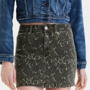 American Eagle Next Level Stretch Hi-Rise Mini Olive Animal Print Jean Skirt